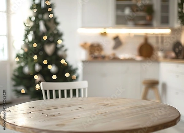 Fototapeta Blurred white kitchen interior with a round wooden table and a Christmas tree in the background, closeup. Modern Scandinavian home decor for product display montage, . 2/3 space to place text in 