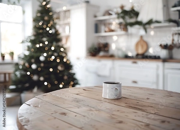 Fototapeta Blurred white kitchen interior with a round wooden table and a Christmas tree in the background, closeup. Modern Scandinavian home decor for product display montage, . 2/3 space to place text in 