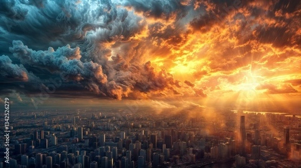 Fototapeta A city skyline illuminated by golden sunlight, with dramatic storm clouds looming over, creating a striking contrast in the sky..