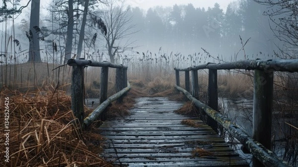 Fototapeta A wooden bridge leads through a foggy, misty forest, with dry grasses on either side, creating a mysterious atmosphere..
