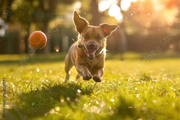 Obraz Dog joyfully runs through colorful autumn leaves while chasing a ball in a sunny park on a bright afternoon