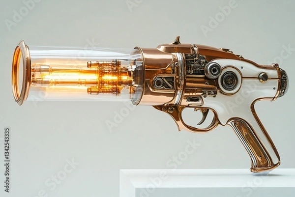 Fototapeta A beautifully crafted steampunk-style laser pistol with copper, ivory, and glowing components, resting on a platform against a neutral background.