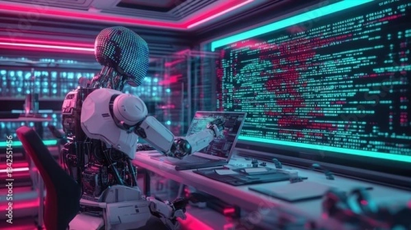 Fototapeta Advanced Robot Programming In A Modern Tech Lab Featuring Neon Lighting Effects And Displays With Advanced Programming Techniques And Automation Solutions For Robotics Workflows And Processing