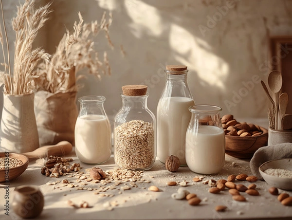 Fototapeta Rustic kitchen scene with bottles of almond and oat milk on a wooden table.