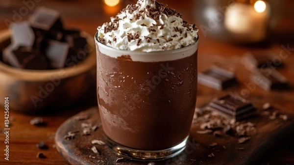Obraz A rich, dark chocolate concoction, garnished with whipped cream and a chocolate shavings, promising a decadent experience.