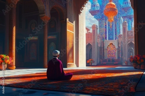 Fototapeta Meditative Arab Man in Mosque Contemplates Grand Architecture and Light
