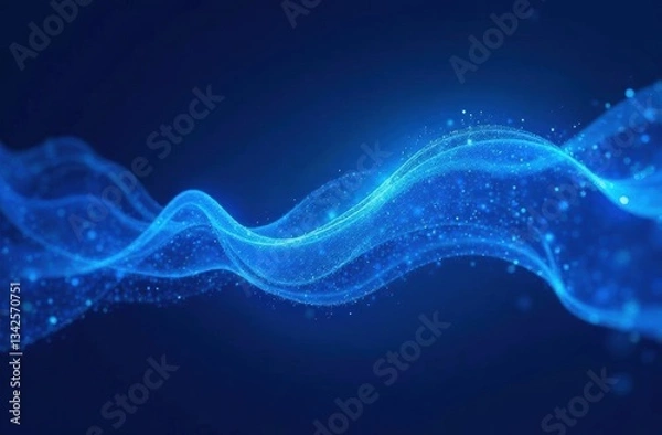 Obraz Dynamic wave of blue particles. Futuristic point glowing wave. Digital structure flow. Data technology background.