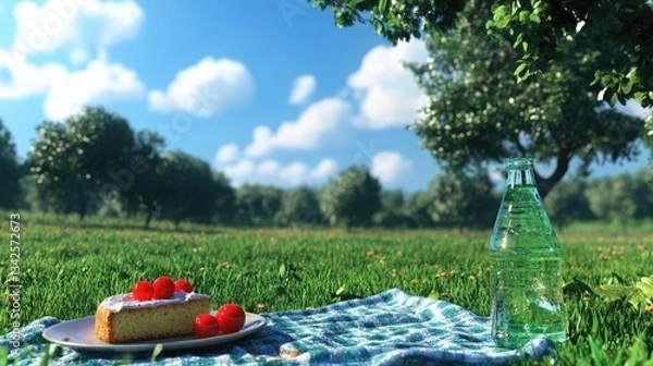 Obraz Sweet Cake Picnic in a Sunny Orchard Springtime Setting Landscape Photoshoot Featuring a Blanket with a Dessert and Drinks on a Beautiful Day of Springtime Fun, Relaxation and Refreshments. Excellent