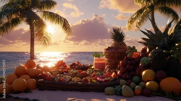 Obraz Tropical Fruit Platter at Seaside Sunset Viewset Beachside Picnic Basket with Assorted Fruits on Display in Golden Hour with Water Waves and Palm Trees in the background, digital rendering. A vibrant