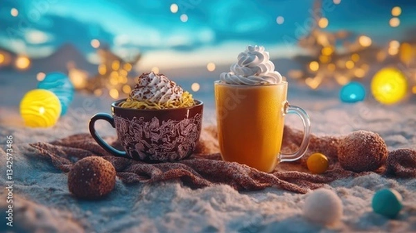 Obraz Two Warm Beverages With Whipped Cream On A Sandy Beach At Nighttime
