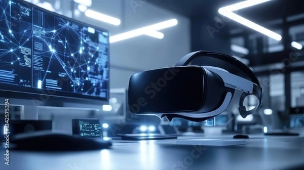 Obraz Virtual Reality Headset on Desk in Modern Tech Office