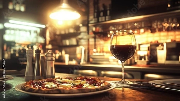 Fototapeta Warm Lit Restaurant Scene Pizza and Red Wine on Wooden Table Spotlights The Dishes And Ambiance Of A Dinner Venue. The Perfect Setting For Appetizers And Drinks. A Delicious Meal. Cozy Setting