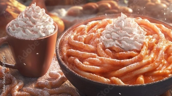 Fototapeta Warm Orange Pasta Dessert with Whipped Cream and Sprinkles in Brown Bowl Dish  on Table