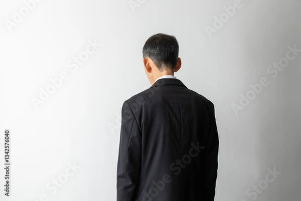 Fototapeta 悩み、落ち込み、不安をイメージする中高年男性のスーツの後ろ姿