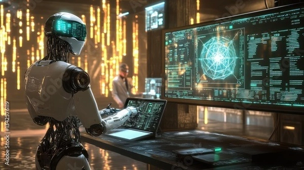 Obraz White Humanoid Robot Operating at a Modern Computer in a Neon Lit Office Area Lighting System Environment Design of a Research Facility Workstation Environment Displaying Innovative Computing