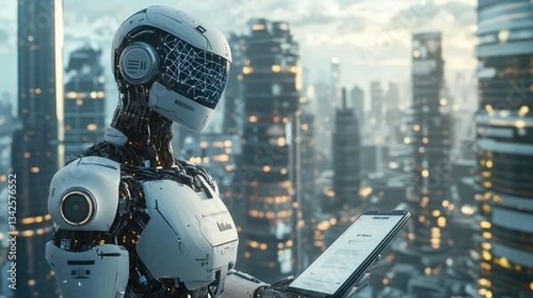 Fototapeta White Robot Using Tablet in Futuristic Cityscape