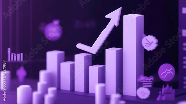 Fototapeta 3D render of an arrow pointing up in a bar graph, with soft stock market icons on a dark lavender background.