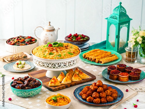 Obraz Traditional Iftar Meal with Biryani, Samosas, and Kebabs