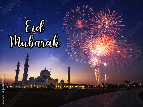 Obraz Scenic Mosque View with Vibrant Fireworks Display