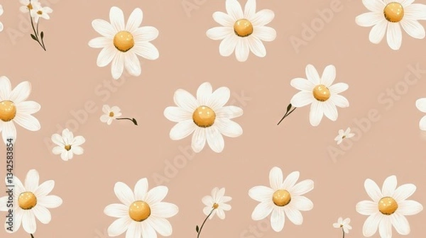 Obraz Tiny white daisies flower on a light brown background, a simple flat illustration style, a pattern design for a phone case or wallpaper, seamless.