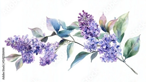 Obraz watercolor lush branches of lilac, branches of lilac on white background is isolated