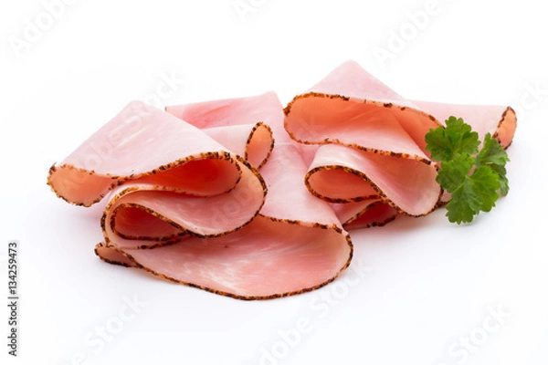 Fototapeta Thin slices of ham on white background.
