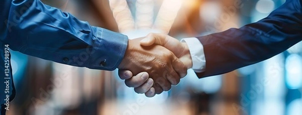 Fototapeta Businessmen shaking hands on a blurred office background, a business concept banner with a copy space area for text and message, close-up. Copy space.