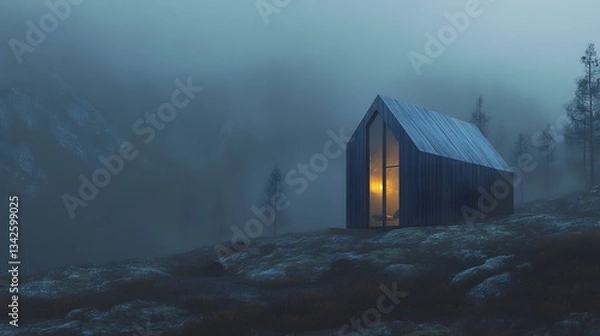 Obraz Misty Cabin in the Mountains: Moody Escape in a Forest Landscape