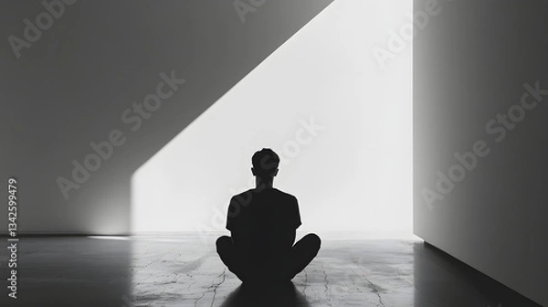 Obraz Contemplative Man Meditating in Minimalist White Room Silence and Solitude Stock Image