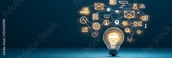 Fototapeta Illuminated digital hub showcasing the interconnected symbols and icons representing the innovative potential of business technology and creative ideas