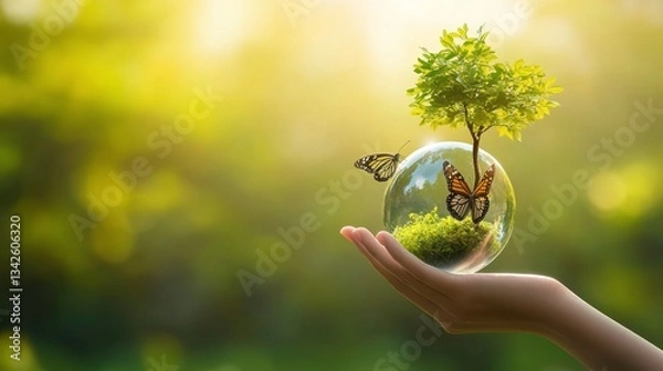Fototapeta Hand Holding Glass Sphere with Tree and Butterflies in Nature