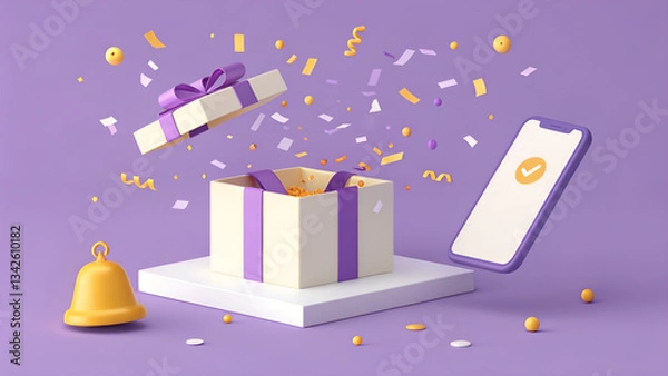 Fototapeta Open gift box with confetti, a phone with a checkmark, and a bell on a purple background