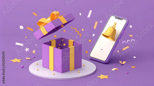 Fototapeta Purple gift box with gold ribbon and a phone with a bell icon on a purple background with confetti
