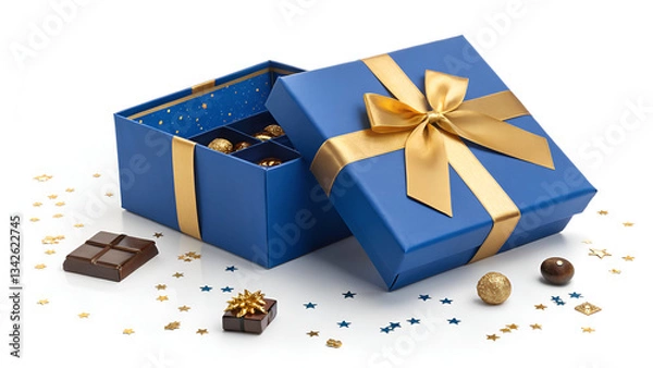 Fototapeta A blue gift box with golden ribbon and chocolates on a white background with star confetti