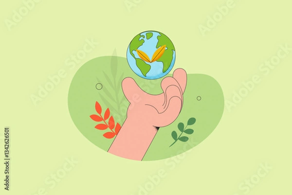 Fototapeta Hand holding Earth Globe. Earth Day. The concept of sustainable development for business, ecology and environment protection. Flat vector illustration.