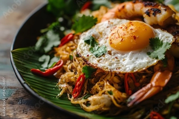 Fototapeta Spicy Indonesian Mie Goreng with Fried Egg