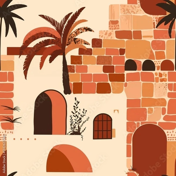 Fototapeta Flat illustration of an ancient Jerusalem wall with terracotta-colored stones, arches, and date palm trees in a warm, earthy palette. Minimalist mid-century modern style, simple shapes, no shading.