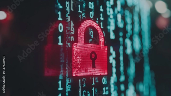 Fototapeta Glowing red padlock icon on dark computer screen symbolizing ransomware cybersecurity threat with blurred binary code background, shallow depth minimalistic composition for digital attack concept.