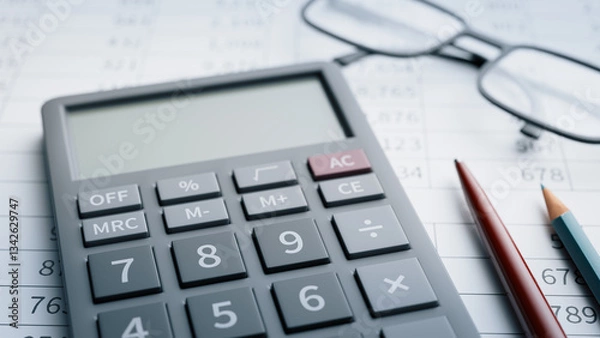 Fototapeta Check finances with a calculator on desk, 3d rendering