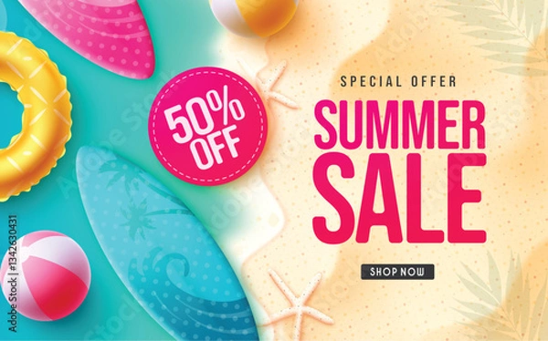 Fototapeta Summer sale vector banner design. Summer sale special offer text in beach background with up to 50% off discount for seasonal shopping promotion ads. Vector illustration.
