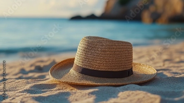 Obraz Straw hat resting on sandy beach with ocean waves in the background during golden hour