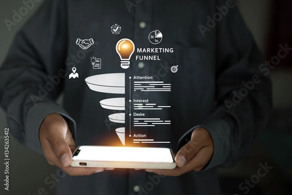 Obraz A person holding a smartphone displays a digital marketing funnel with steps like Attention, Interest, Desire, and Action.