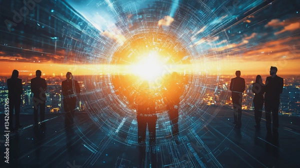 Fototapeta abstract professional business team people innovation connection of line from nail node to node on Smart Innovation city with connection cyber security network reciprocity , networking concept