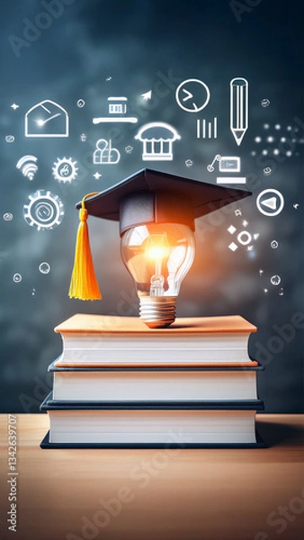Fototapeta A glowing light bulb wearing a graduation cap sits on an open book, symbolizing knowledge and innovation. Above it, interconnected icons represent various fields of learning and technology.