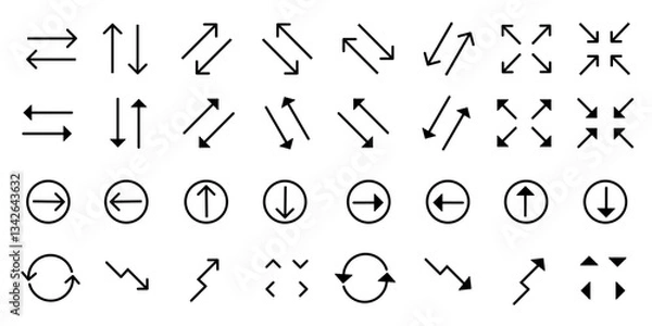 Fototapeta Arrows set of black icons. Arrow vector collection. Modern simple arrows. Vector illustration. Arrows UI isolated icons set. Set of line vector icon with editable stroke