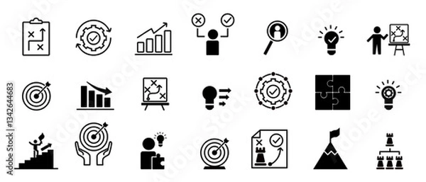 Fototapeta Strategy icon set. Containing goal, tactics, vision, plan, objective, roadmap, problem-solving, mission, solution and execution. Solid vector icons collection