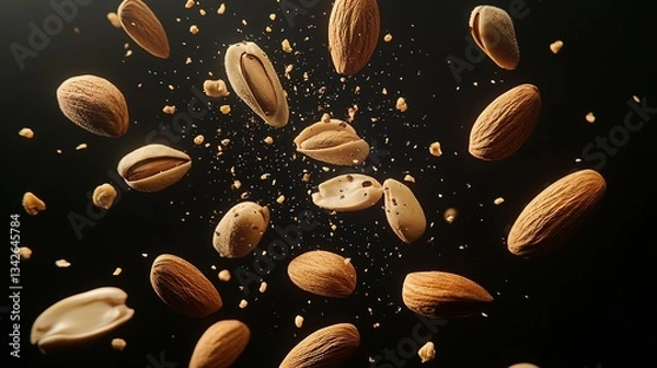 Fototapeta Almonds and other nuts falling against a dark background