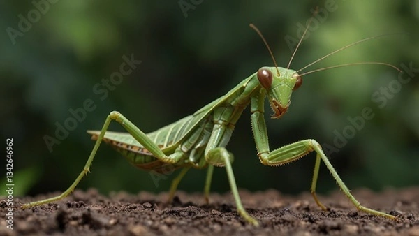Fototapeta Close-up of a vibrant green mantis on dark soil.  A detailed view showcasing the insect's intricate body structure,  long legs,  and large eyes.  Natural, lush background blurs for emphasis