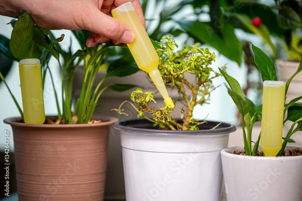 Obraz 식물 영양제를 사용한 건강한 성장 - 가드닝 케어 컨셉