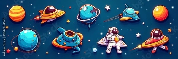 Fototapeta Set of outline icons featuring space exploration symbols like spacecraft and astronaut, spacecraft, space-themed, exploration